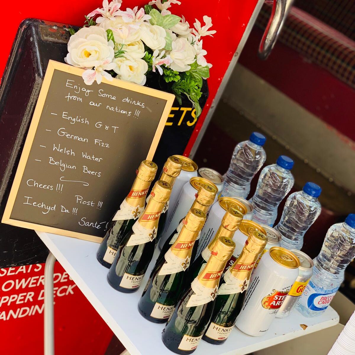 Welcome drinks in Routemaster bus