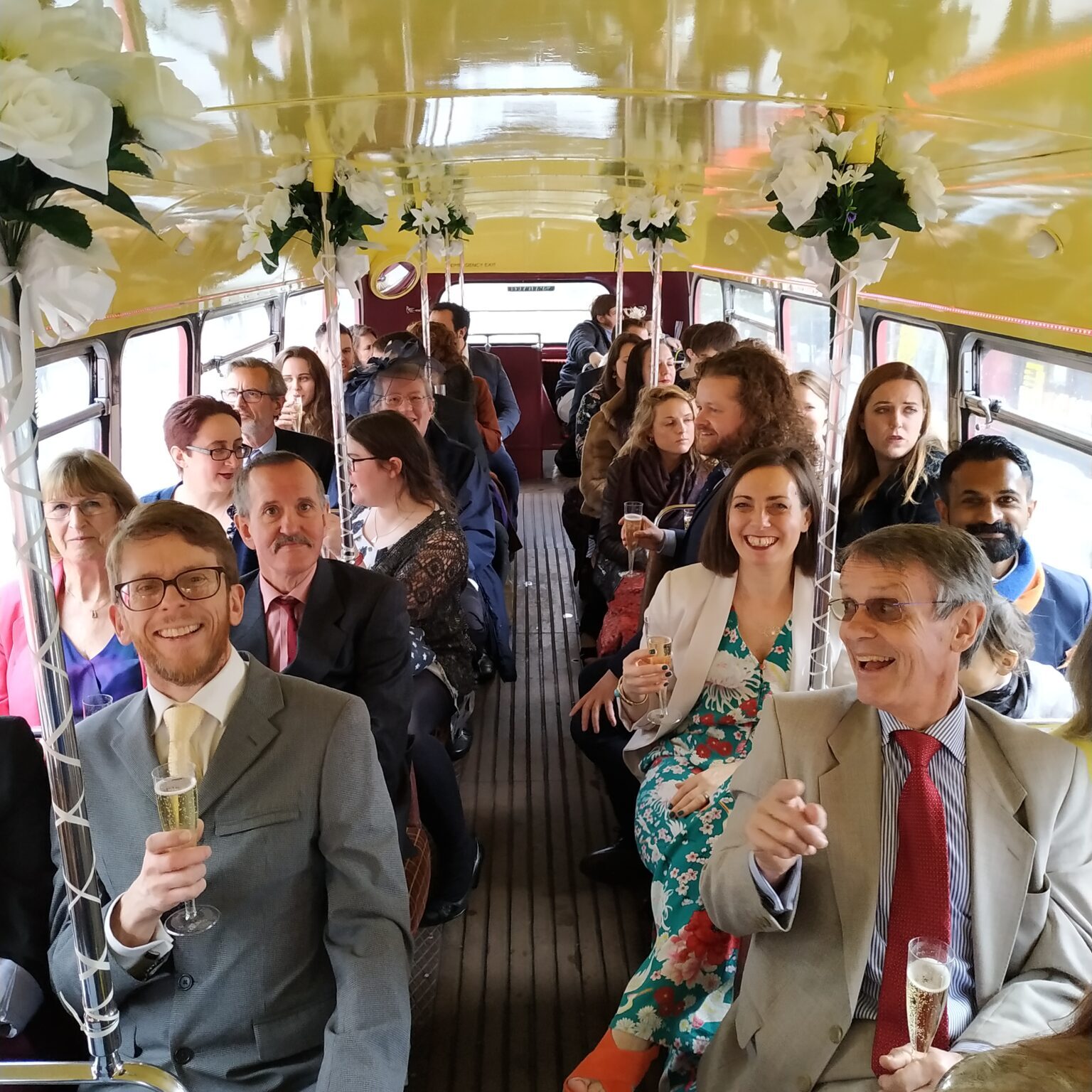 Drinks on board Routemaster wedding bus
