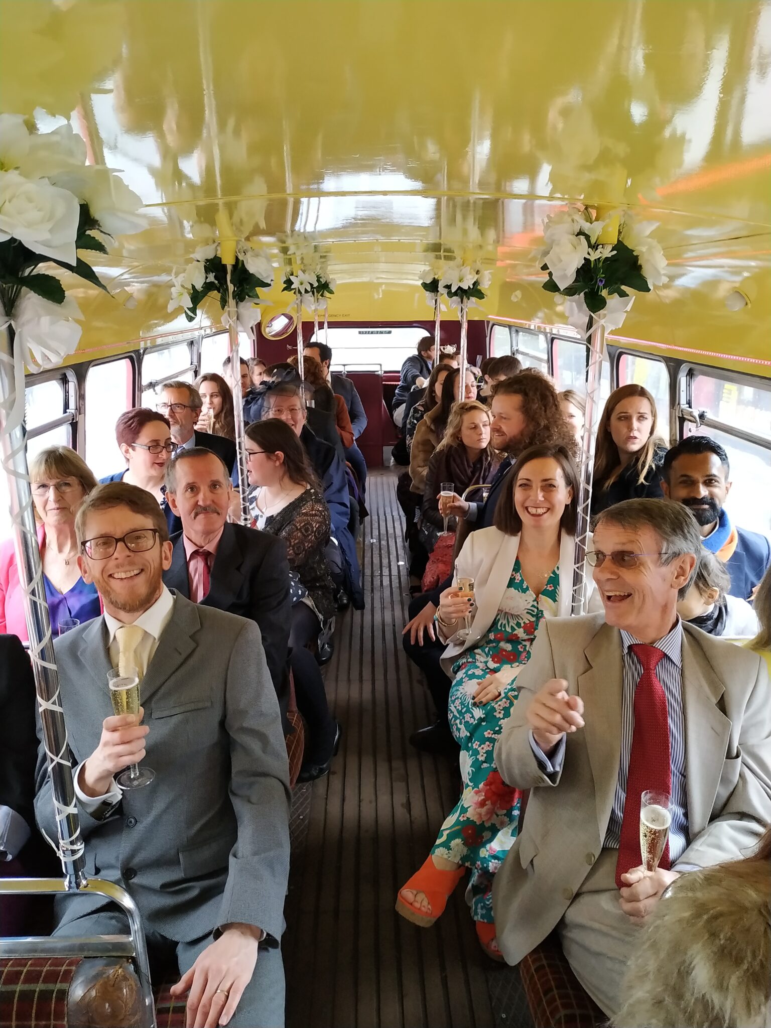 Drinks on board Routemaster wedding bus