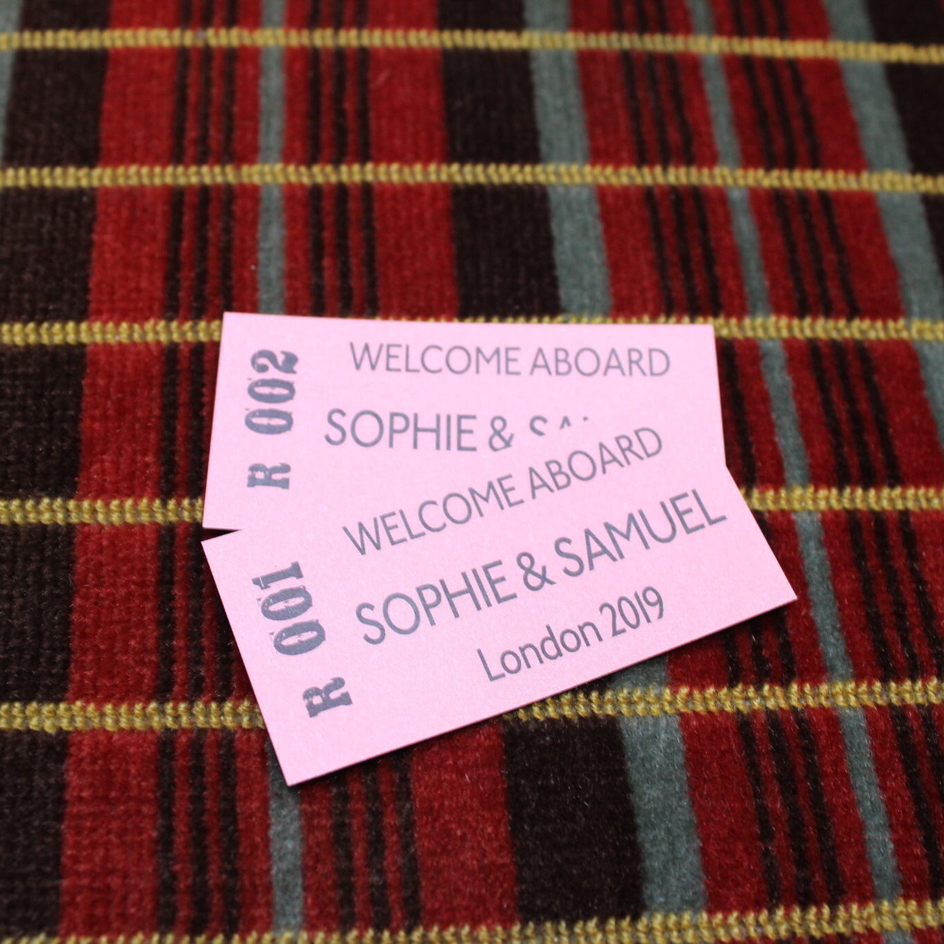 Personalised pink wedding bus tickets